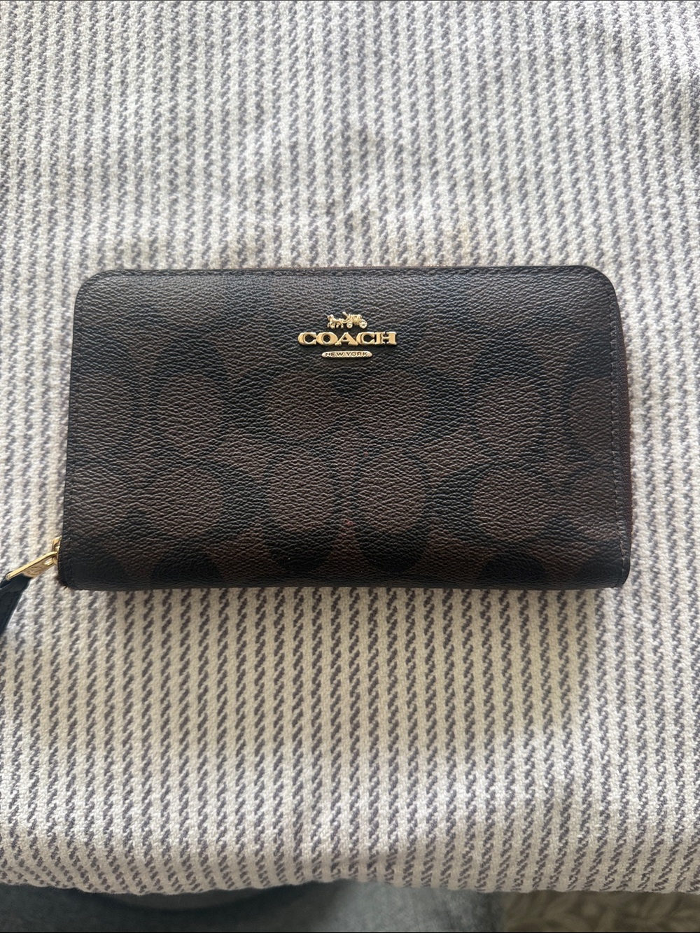 Coach Brown and Black Signature Zip Wallet with Gold Logo